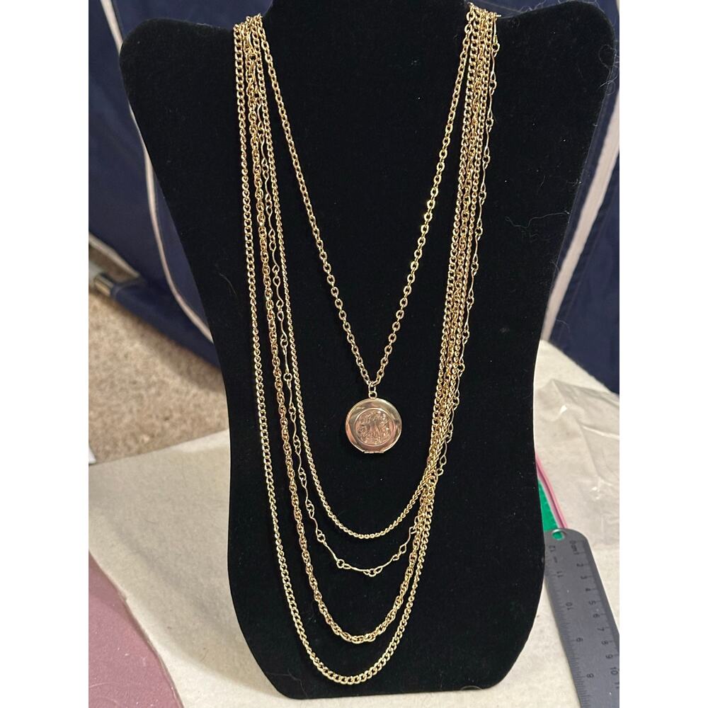 Vintage Cameo Signed Gold Tone Multi Strand Chain Locket Necklace Layered